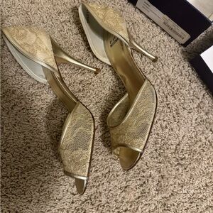 Stuart Weitzman Gold Peep-Toe Heels